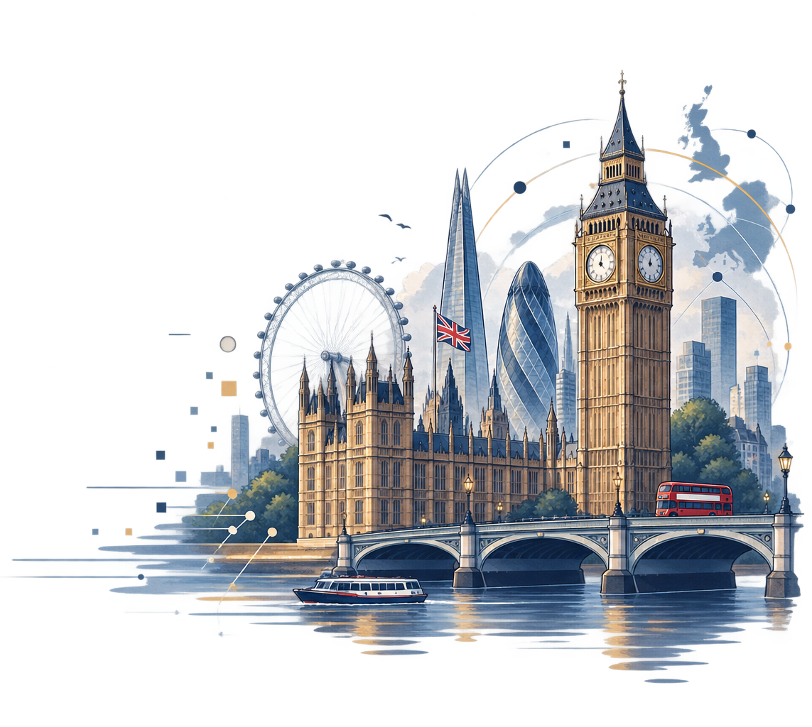Illustration of London: Big Ben, Westminster Bridge and the City skyline